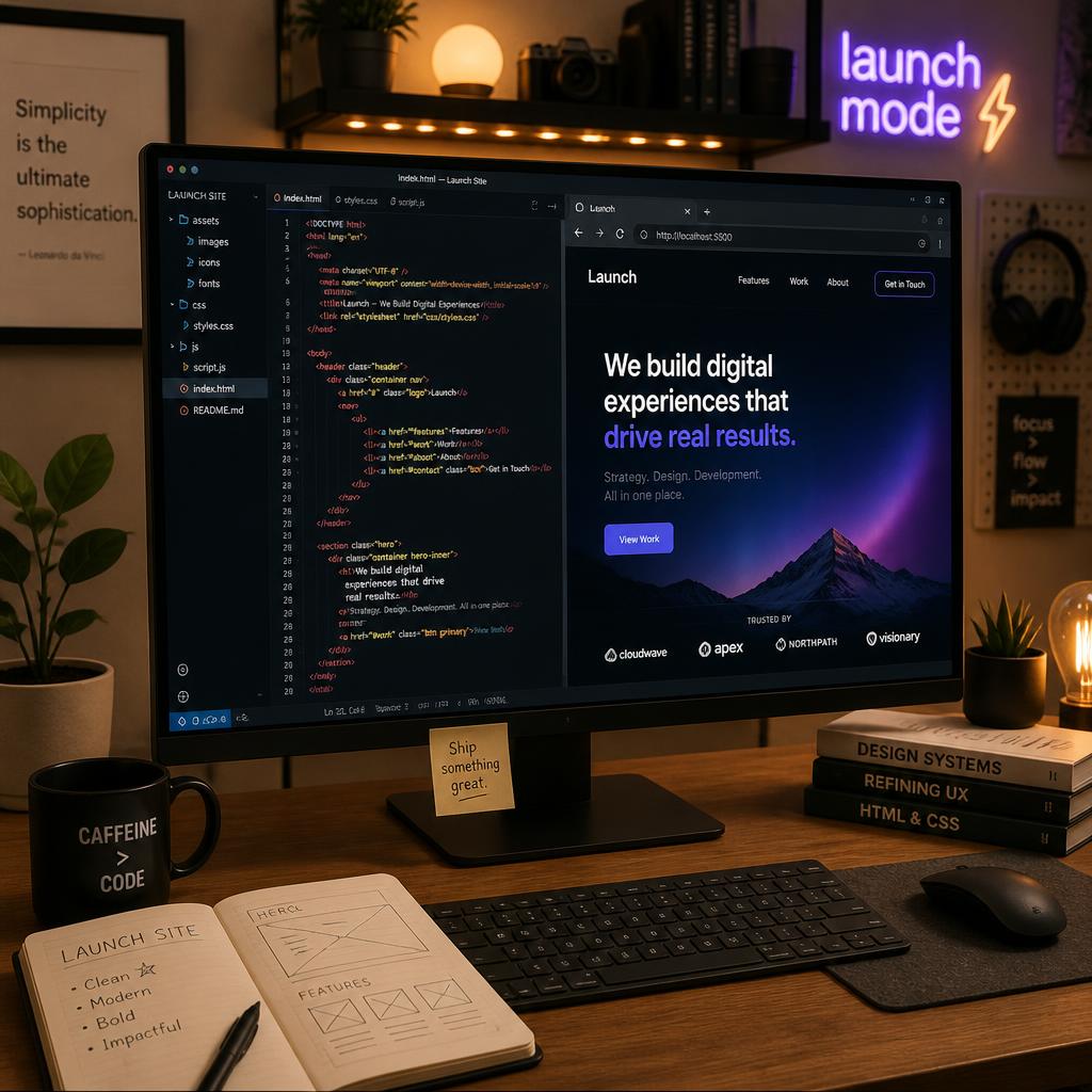 Modern website launch interface displayed on a large monitor with code editor and browser preview, surrounded by creative desk accessories and warm ambient lighting